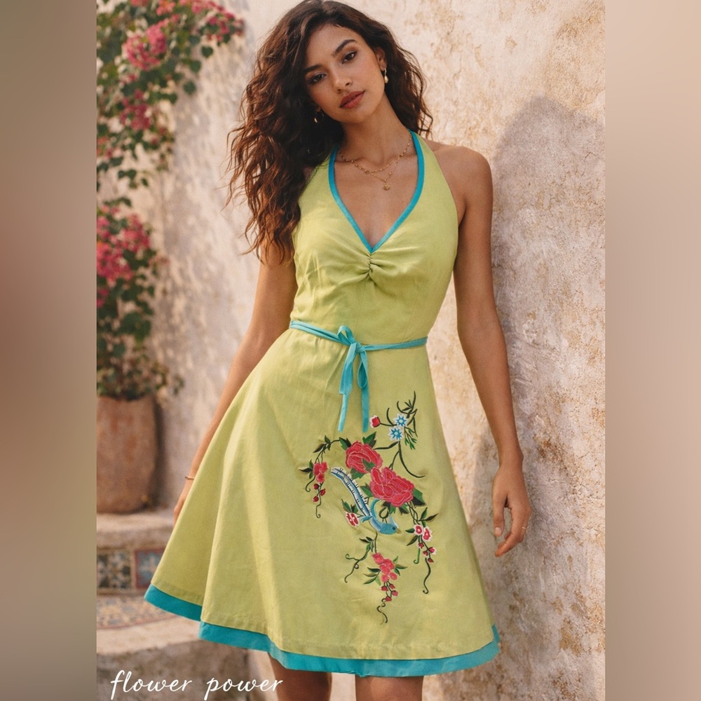 Vintage B. Darlin Lime Green Halter Dress Embroidered Bird Floral A-Line NWT Med - Picture 5 of 12